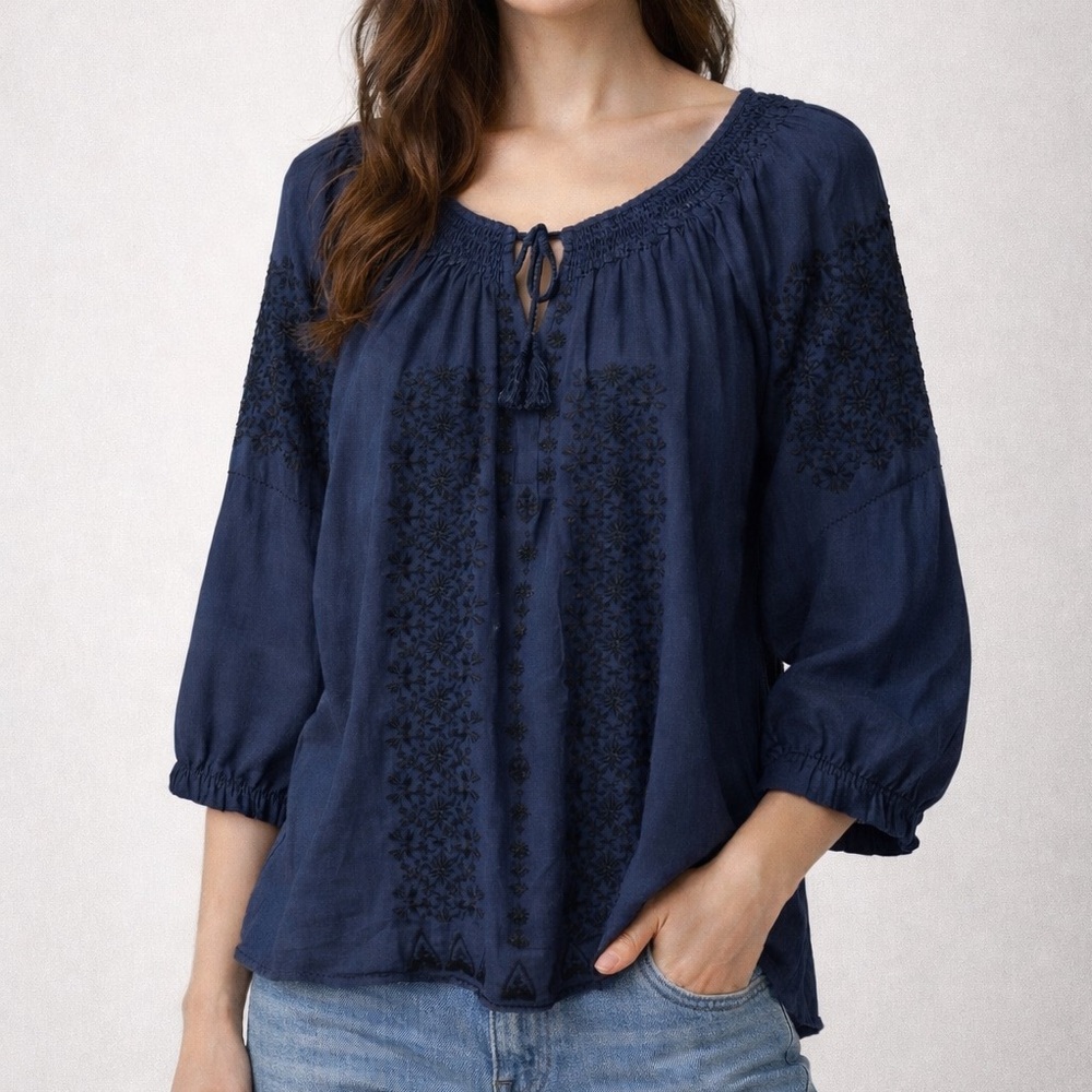 Pink Chicken Navy Embroidered Boho Peasant Top Medium